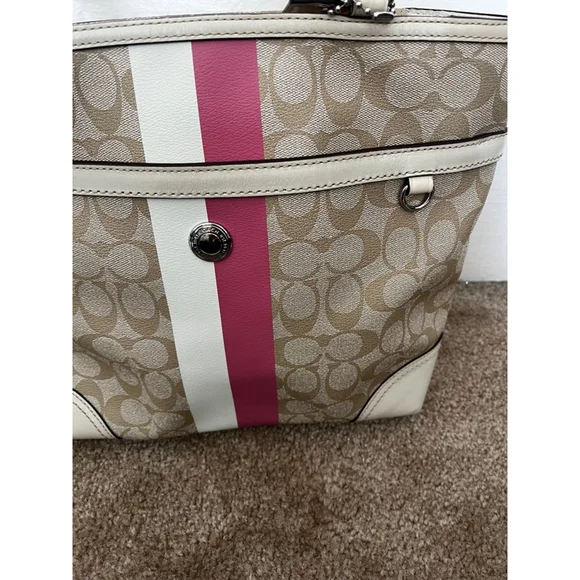 Coach Chelsea Leather Signature Heritage Logo Stripe Pink Beige Tote Bag - Picture 3 of 16